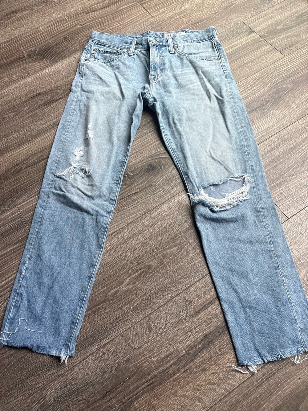 Ag Adriano Goldschmied Light Blue Distressed Straight Jeans